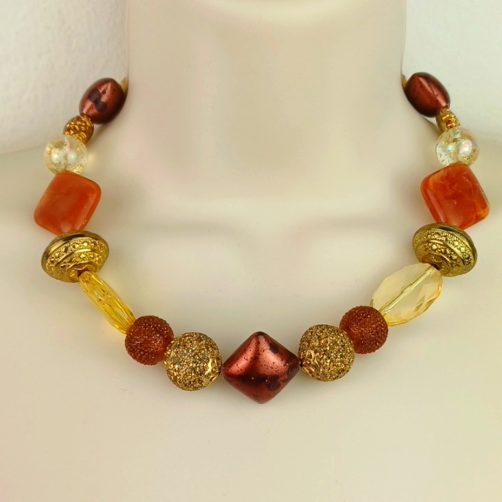Vintage Style Amber Bronzy Coral & Gold Tone Beaded Necklace